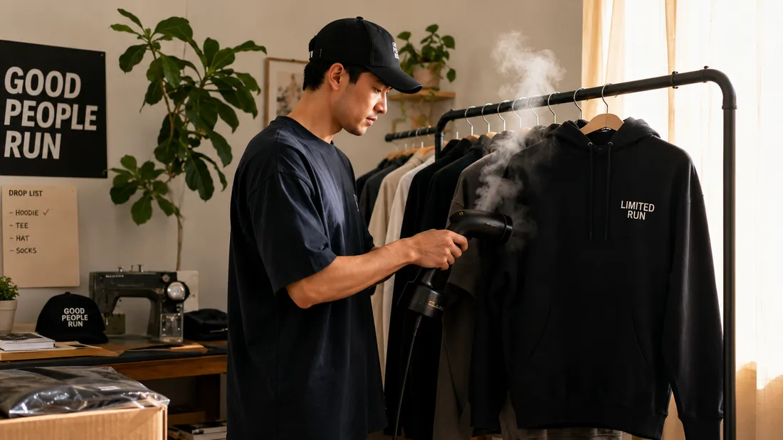 A maker steaming a Limited Run hoodie on a rack in a Good People Run studio