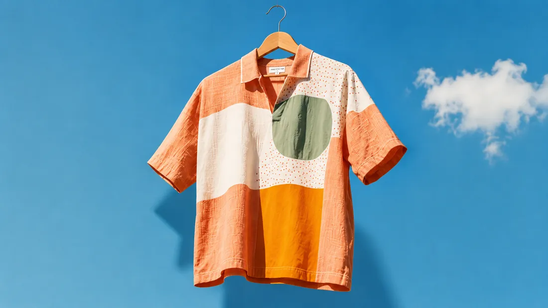 Color-blocked short-sleeve shirt on a hanger against a blue sky