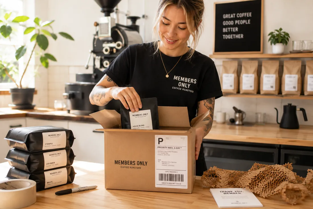 A Members Only Coffee Roasters team member packing a members shipment box
