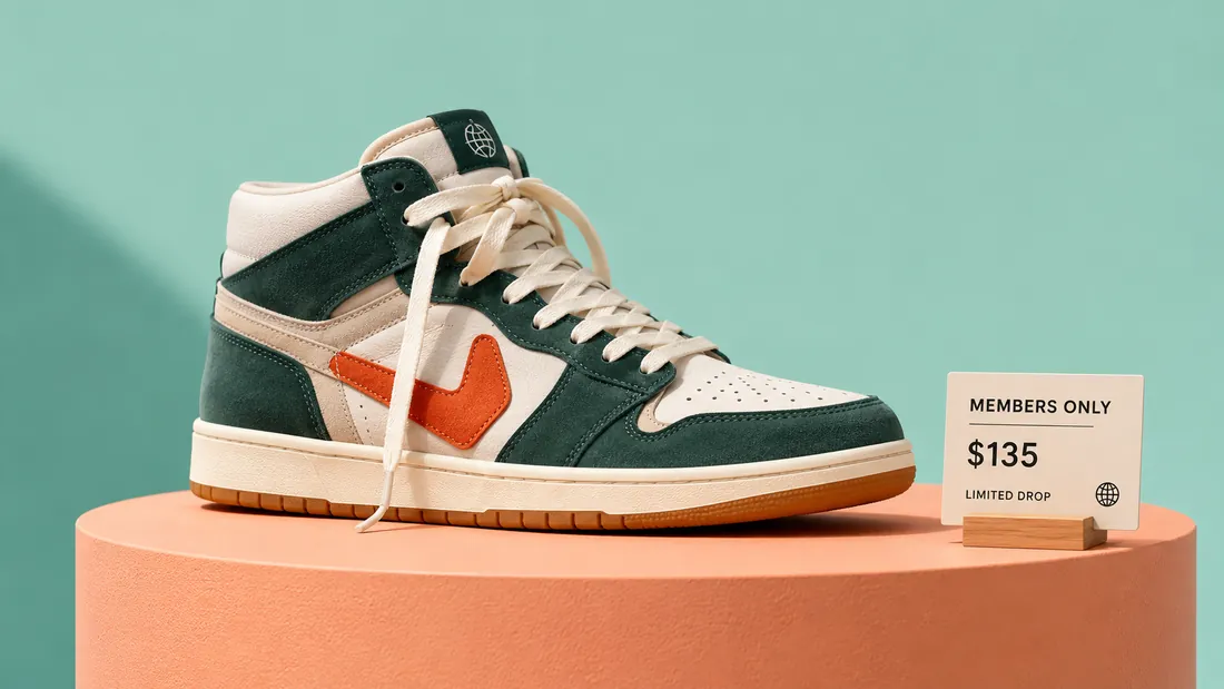 A limited-drop sneaker on a pedestal with a Members Only $135 price card